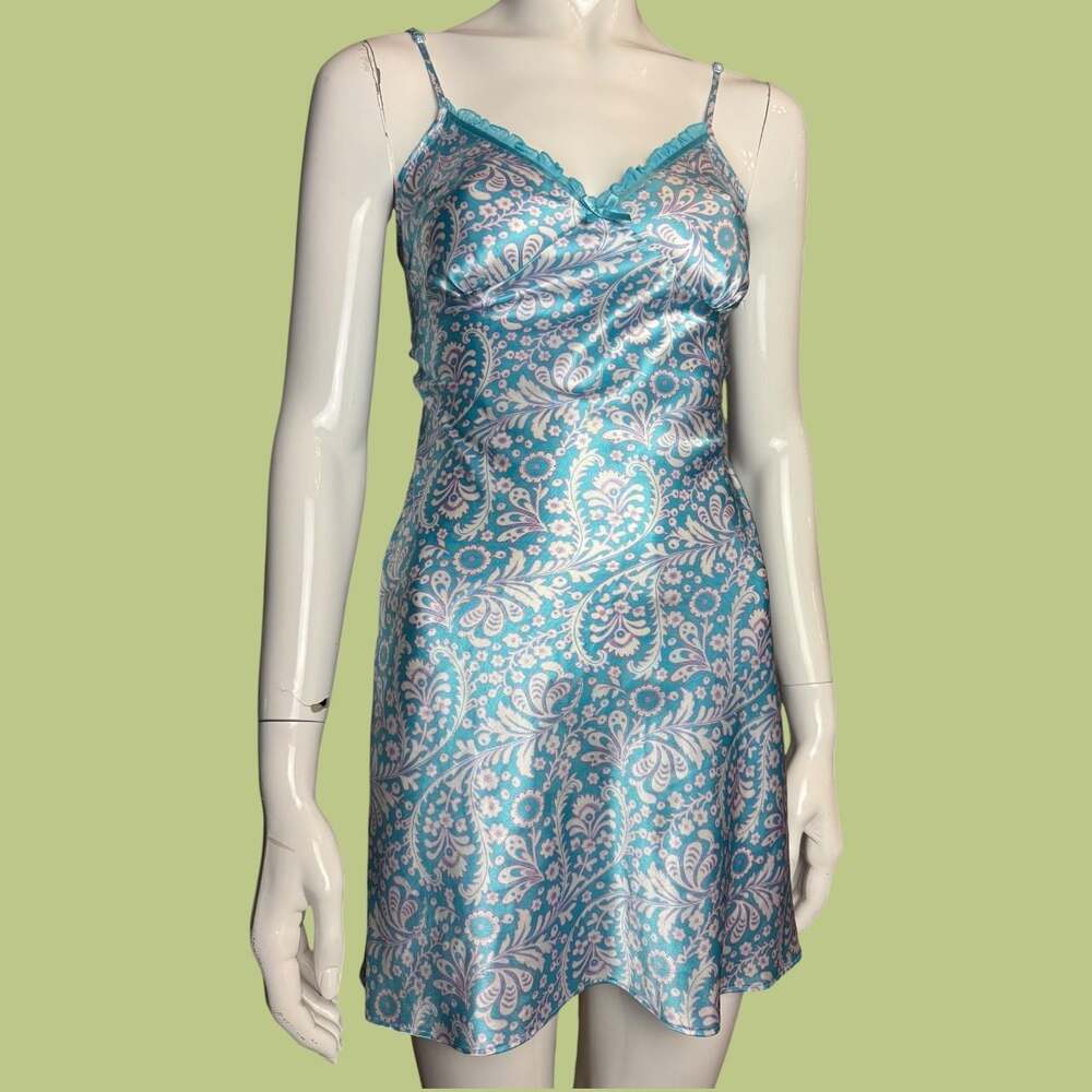 Vtg Lingerie y2k  Blue Paisley Satin Chemise Slip Dress
